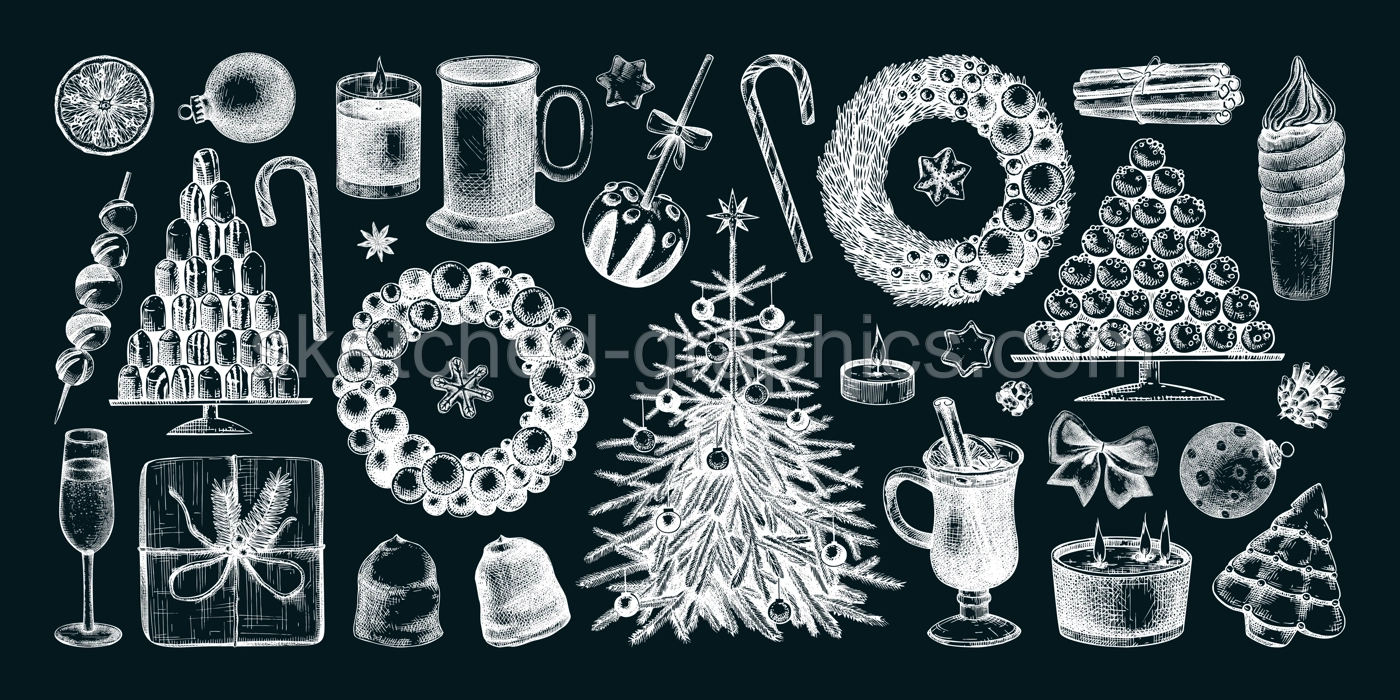 Christmas decoration elements. Hand drawn vector illustrations set. Winter holiday design. Christmas tree decoration, Christmas wreath, hot drinks, candies, cookies, sweets sketches on chalkboard Illustration
